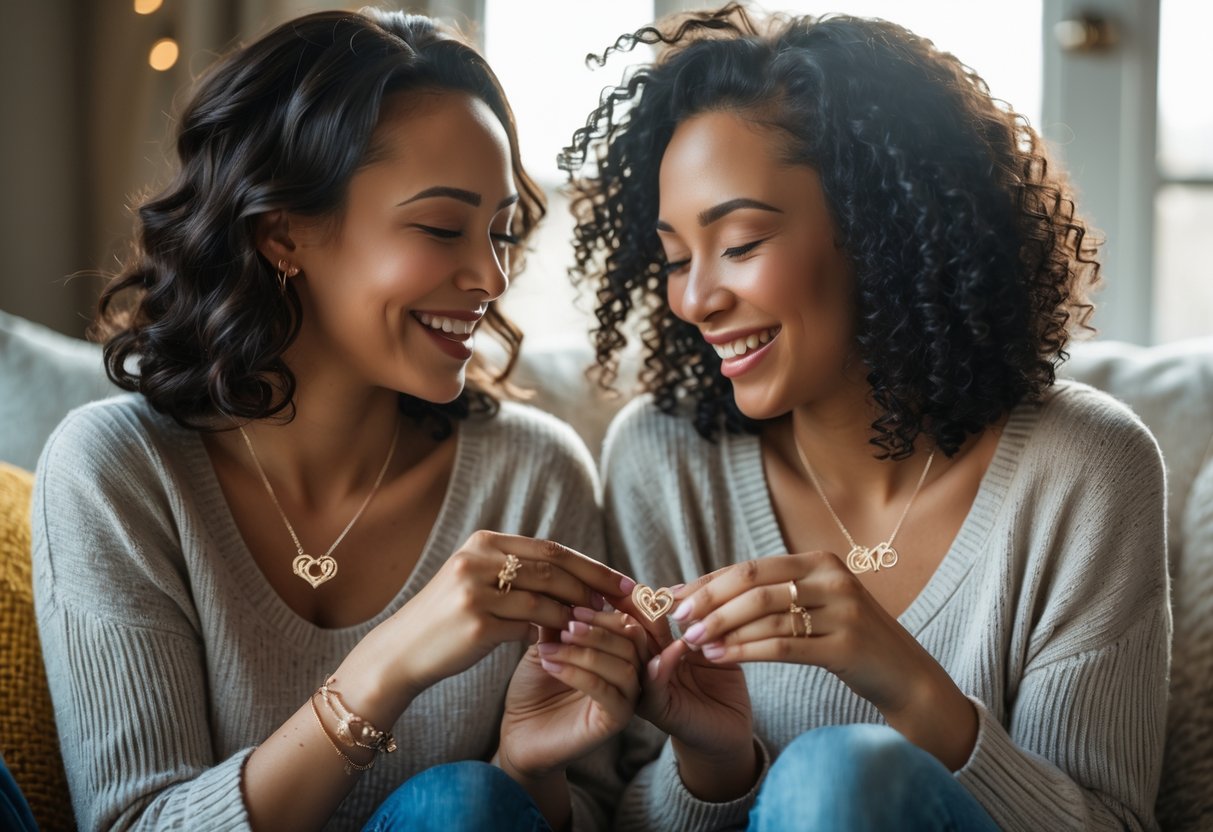 Two women sitting together, smiling and exchanging personalized jewelry as a meaningful gift.