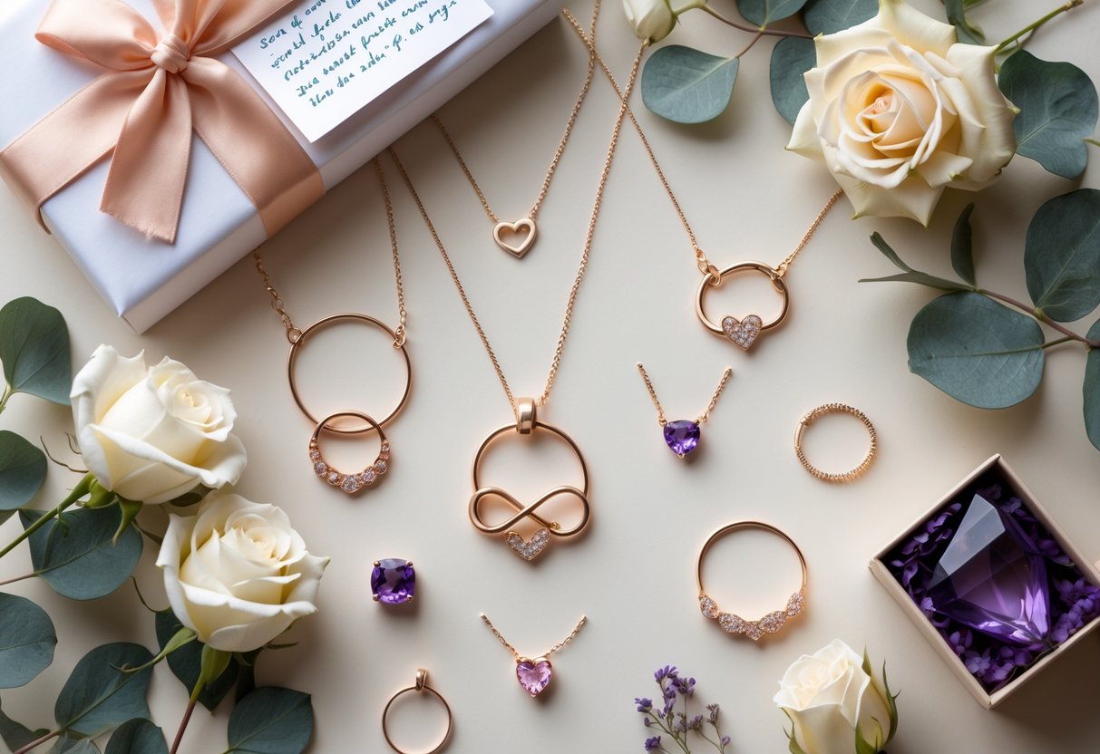 A collection of symbolic jewelry including necklaces, bracelets, and rings displayed with flowers and a gift box on a soft background.