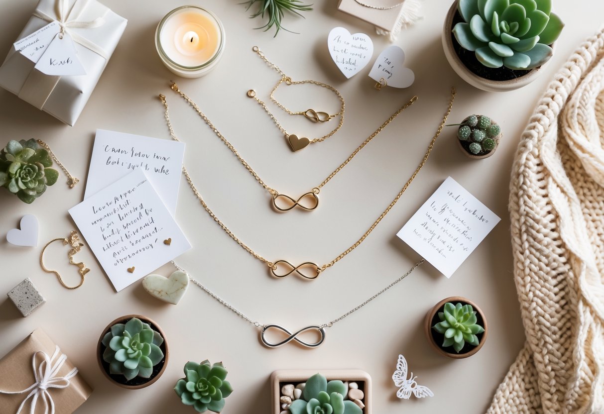 A flat lay of jewelry and thoughtful gift items arranged together on a soft background.