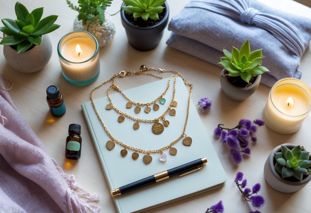 A flat lay of wellness gifts including meaningful jewelry, candles, plants, a journal, essential oils, and soft fabric items arranged on a wooden surface.