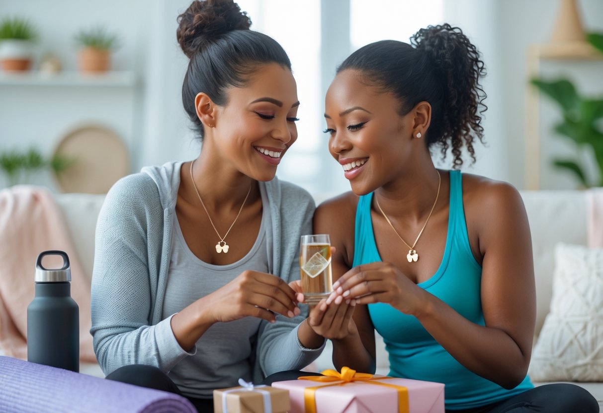 Two women exchanging meaningful fitness-themed gifts and jewelry in a cozy living room, smiling and sharing a warm moment.