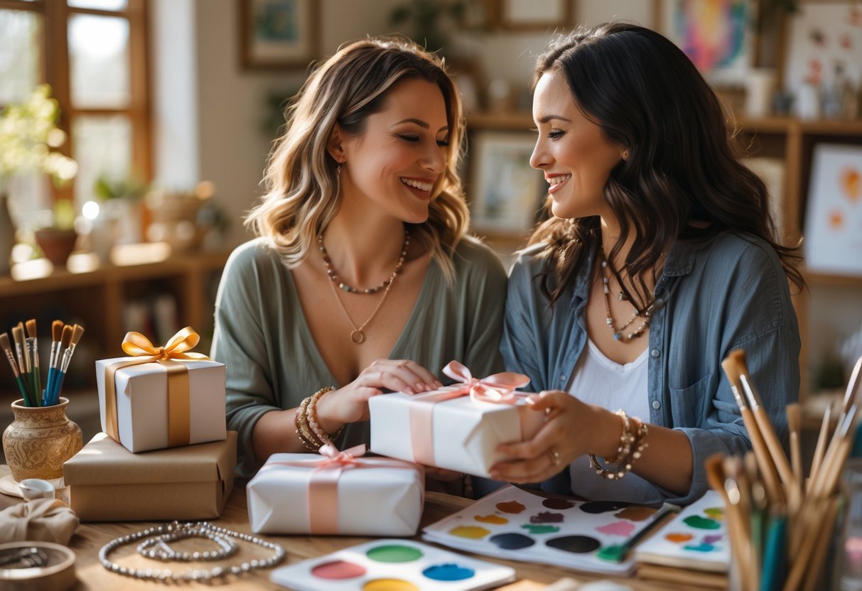 Two women sitting together in a sunlit room, sharing gifts and surrounded by jewelry and art supplies.