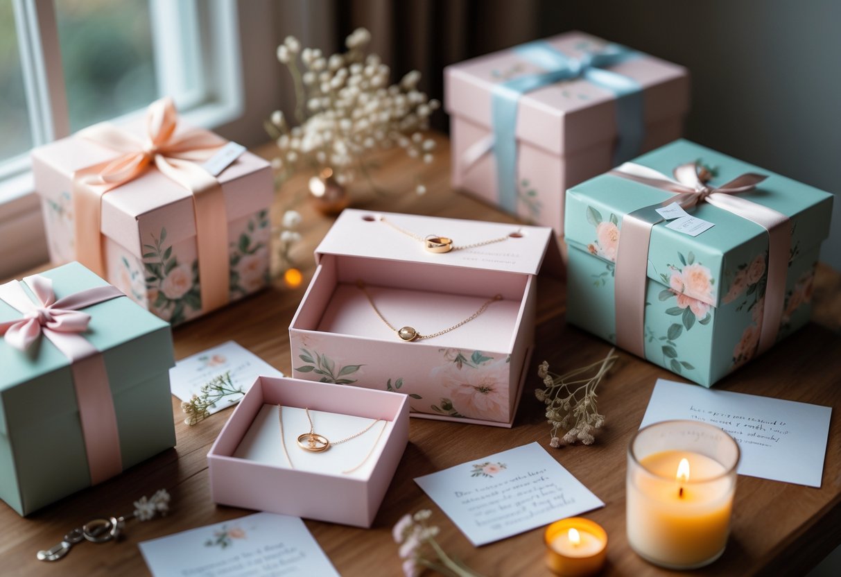 Subscription boxes on a wooden table containing jewelry and thoughtful gift items in a cozy, softly lit setting.