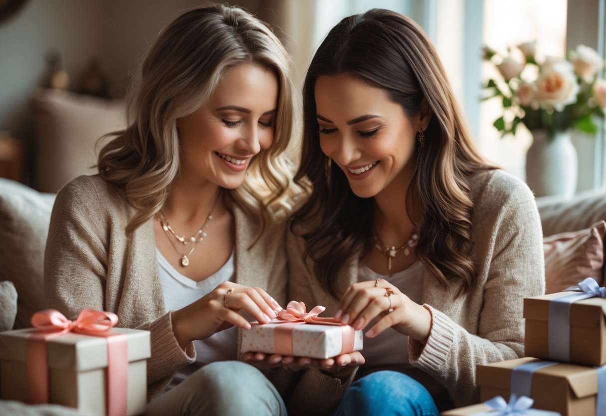 Two women exchanging meaningful jewelry gifts and sharing a warm, emotional moment indoors.