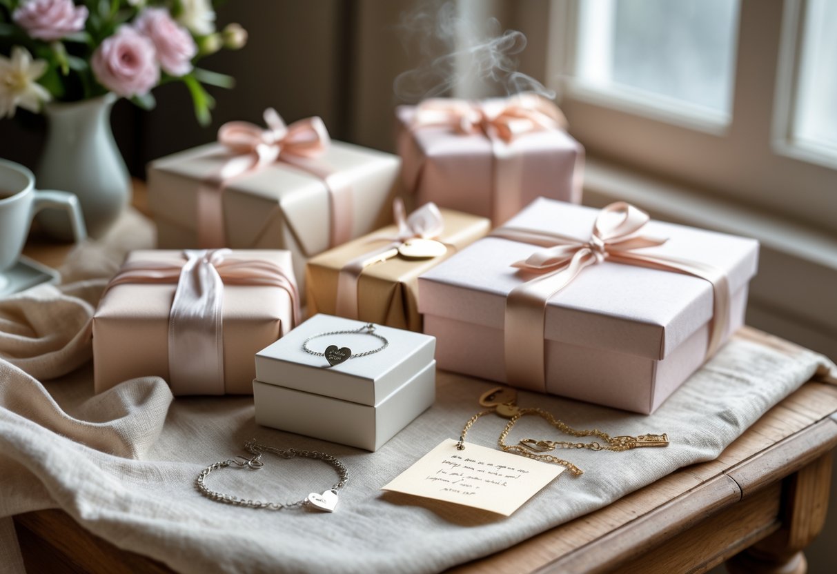 A cozy table displaying meaningful jewelry in an open box, wrapped gift boxes with ribbons, handwritten notes, fresh flowers, and a cup of tea.