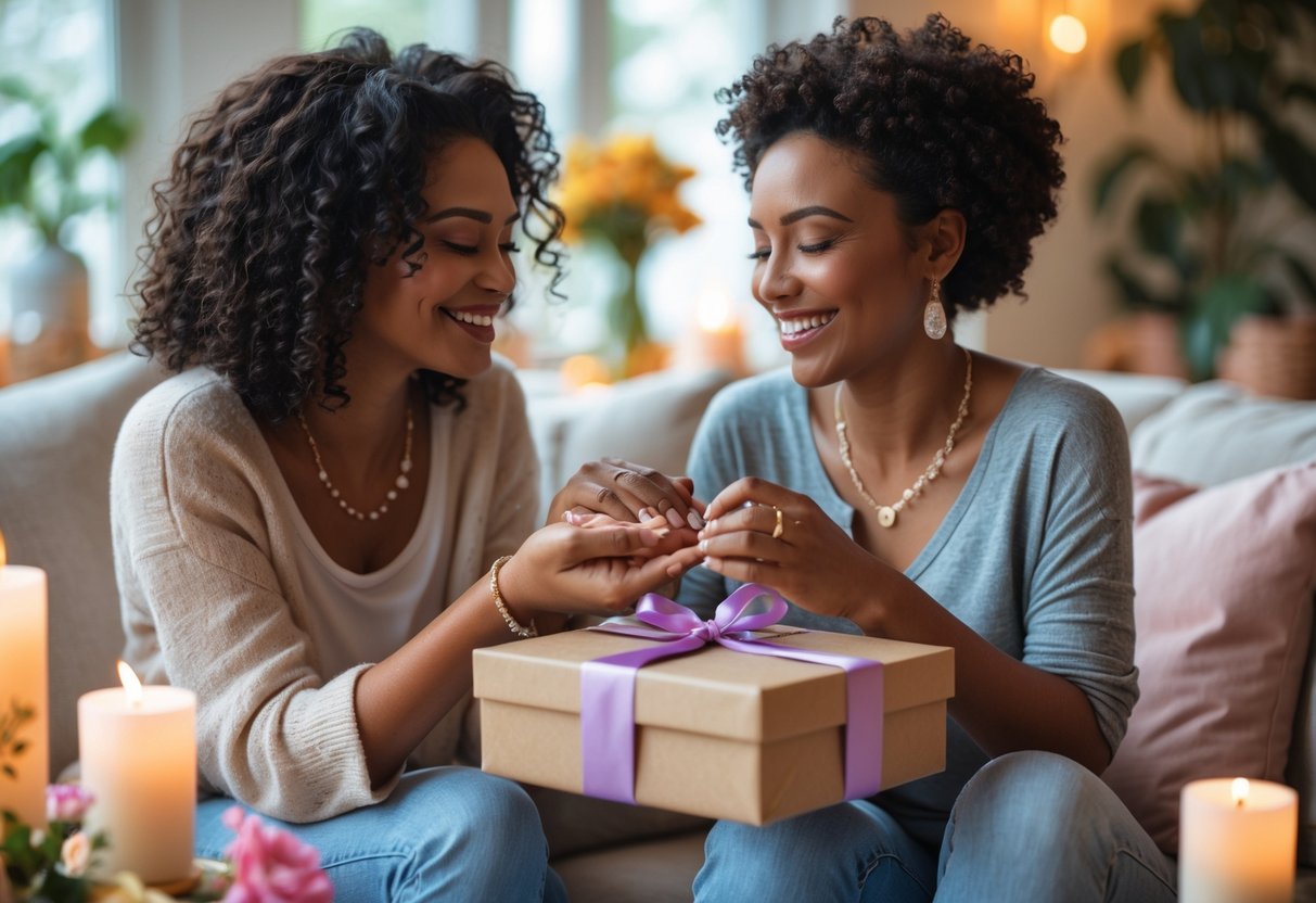 Two women sharing a joyful moment as one gives the other a gift box with meaningful jewelry in a cozy living room.