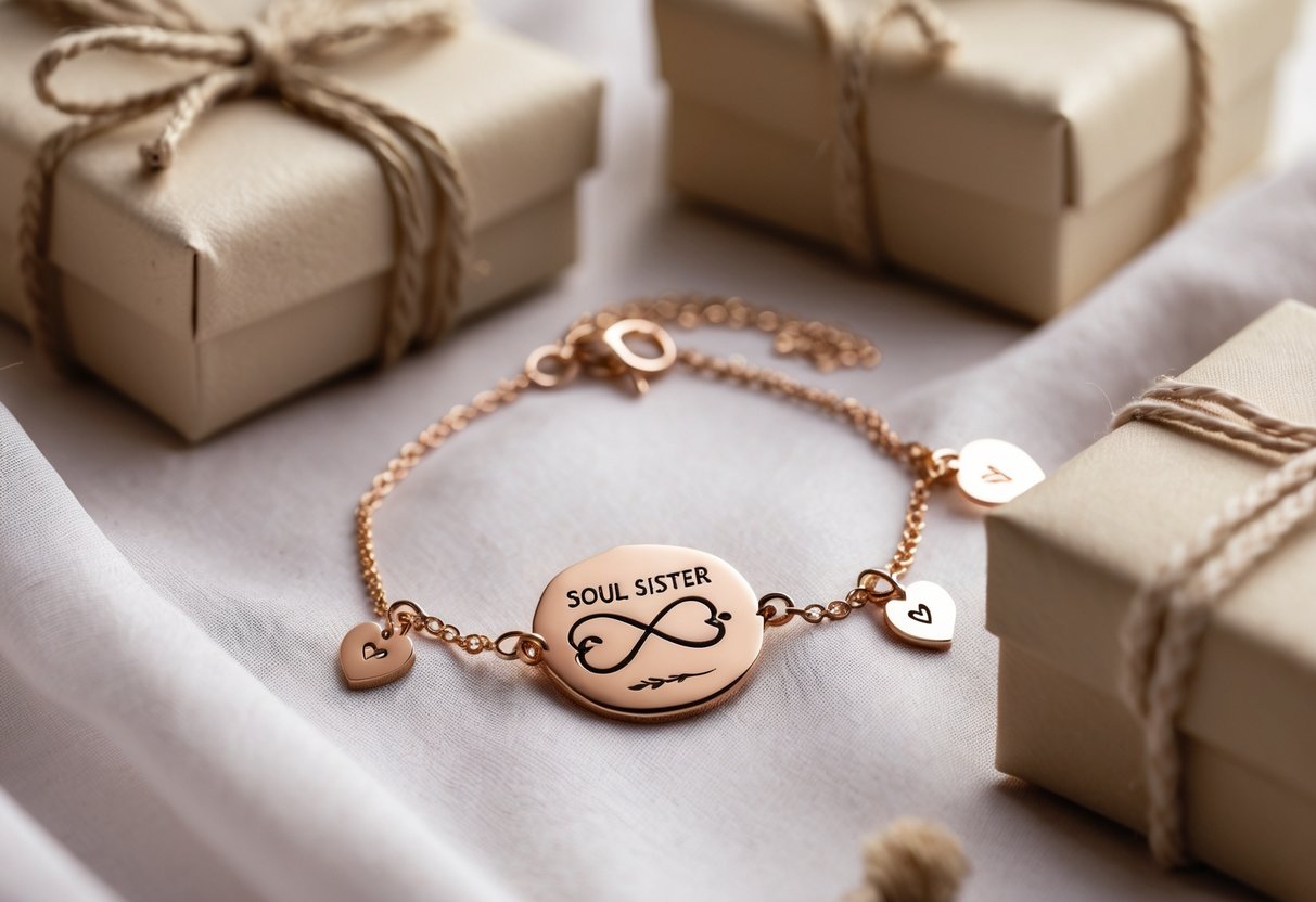 A close-up of a delicate soul sister message bracelet displayed on soft fabric next to simple wrapped gift boxes.