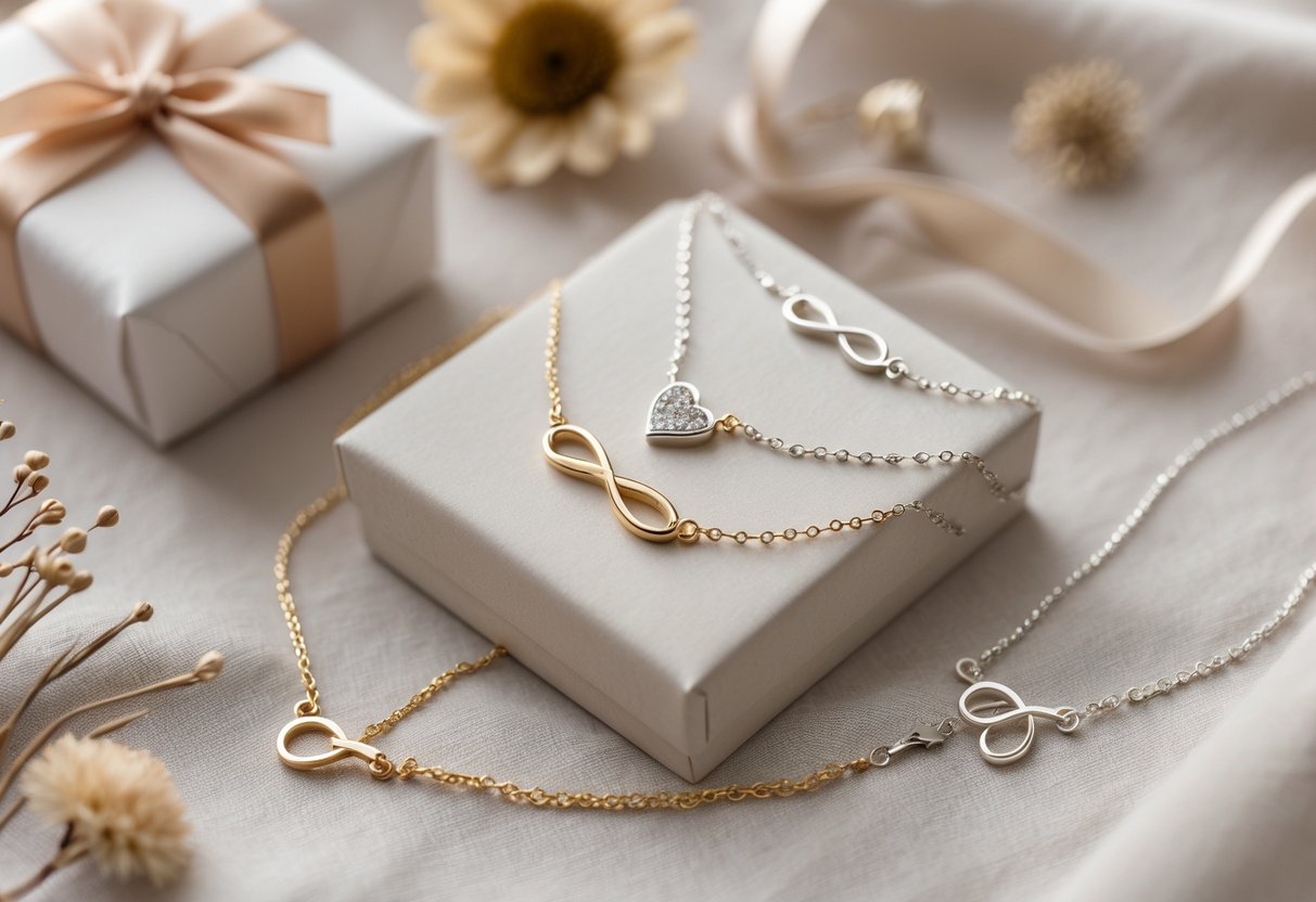 Close-up of delicate silver and gold jewelry pieces arranged with a small gift box and dried flowers on a soft fabric background.