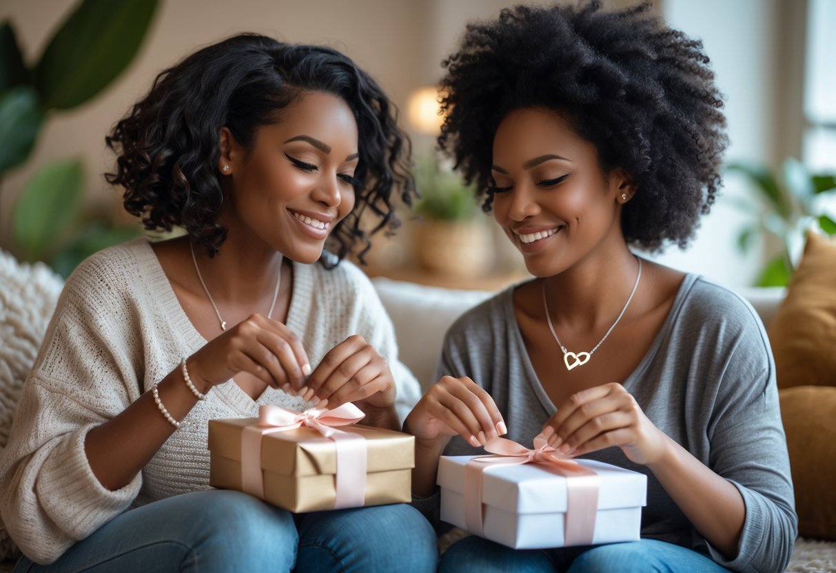 Two women sitting together exchanging jewelry gifts, smiling warmly in a cozy setting.