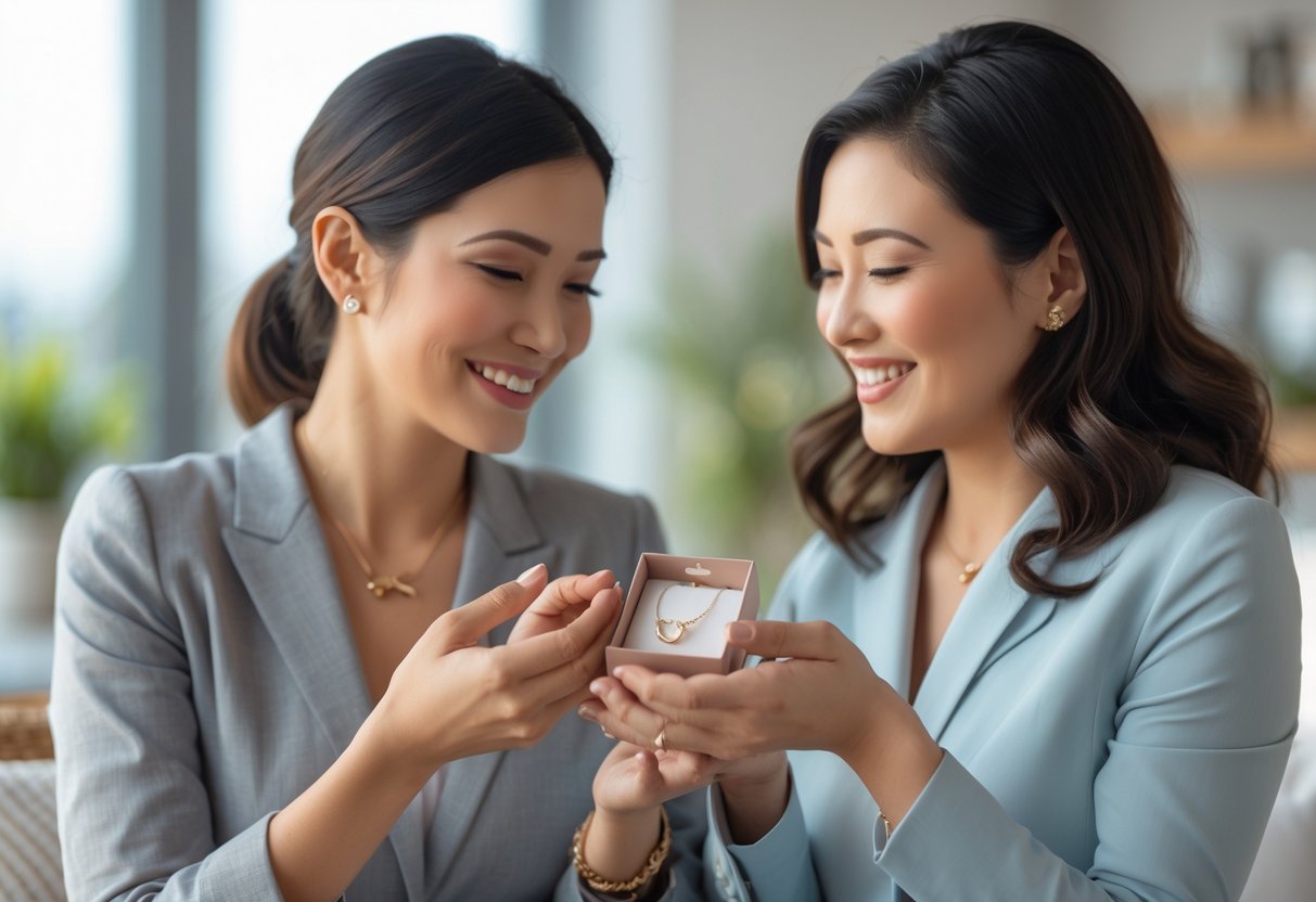 Two women exchanging a meaningful piece of jewelry in a bright, modern setting, sharing a warm and joyful moment.