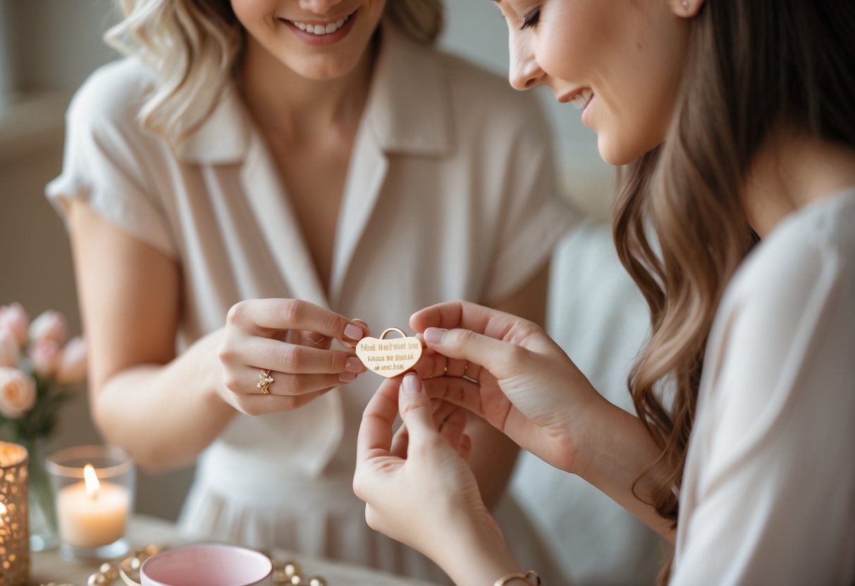 Two women exchanging a delicate engraved piece of jewelry in a softly lit, warm setting, sharing a moment of connection and appreciation.