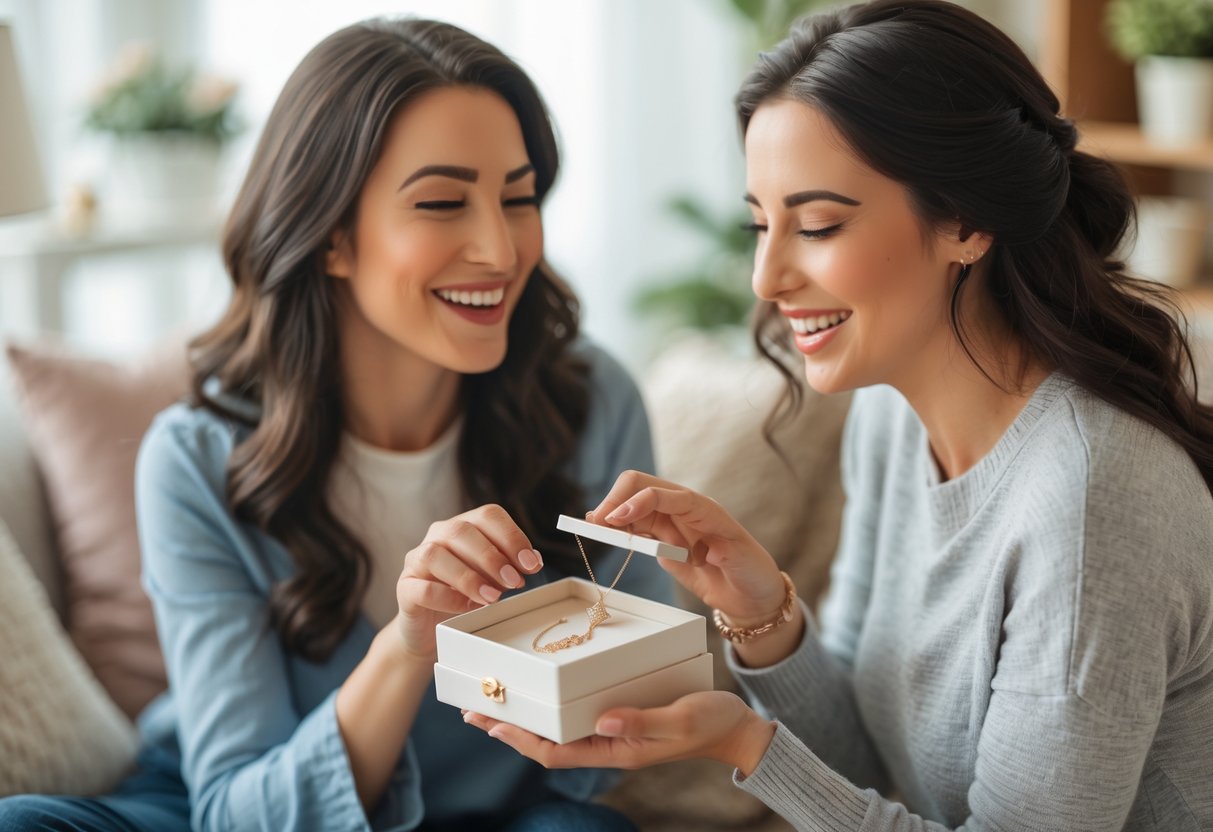 Two women sharing a joyful moment as one gives the other a small jewelry gift in a warm, cozy setting.