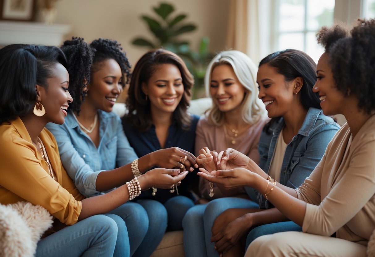 A group of diverse women sharing and exchanging delicate jewelry in a warm, sunlit living room, smiling and connecting with each other.