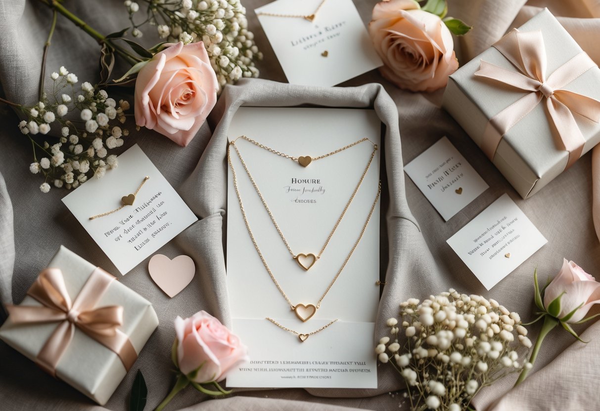 A flat lay of delicate jewelry and message cards arranged with gift boxes and flowers on a soft fabric background.
