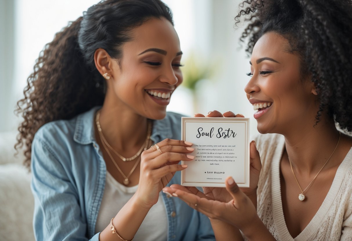 Two women sharing a joyful moment as one gives the other a delicate jewelry gift with a message card, showing a close and loving friendship.