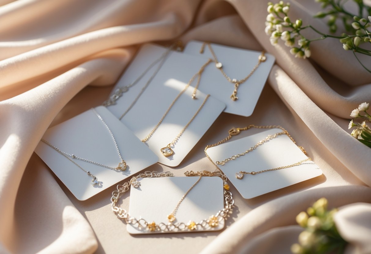 Close-up of delicate silver and gold jewelry displayed with blank message cards on pastel fabric, surrounded by small flowers and greenery.