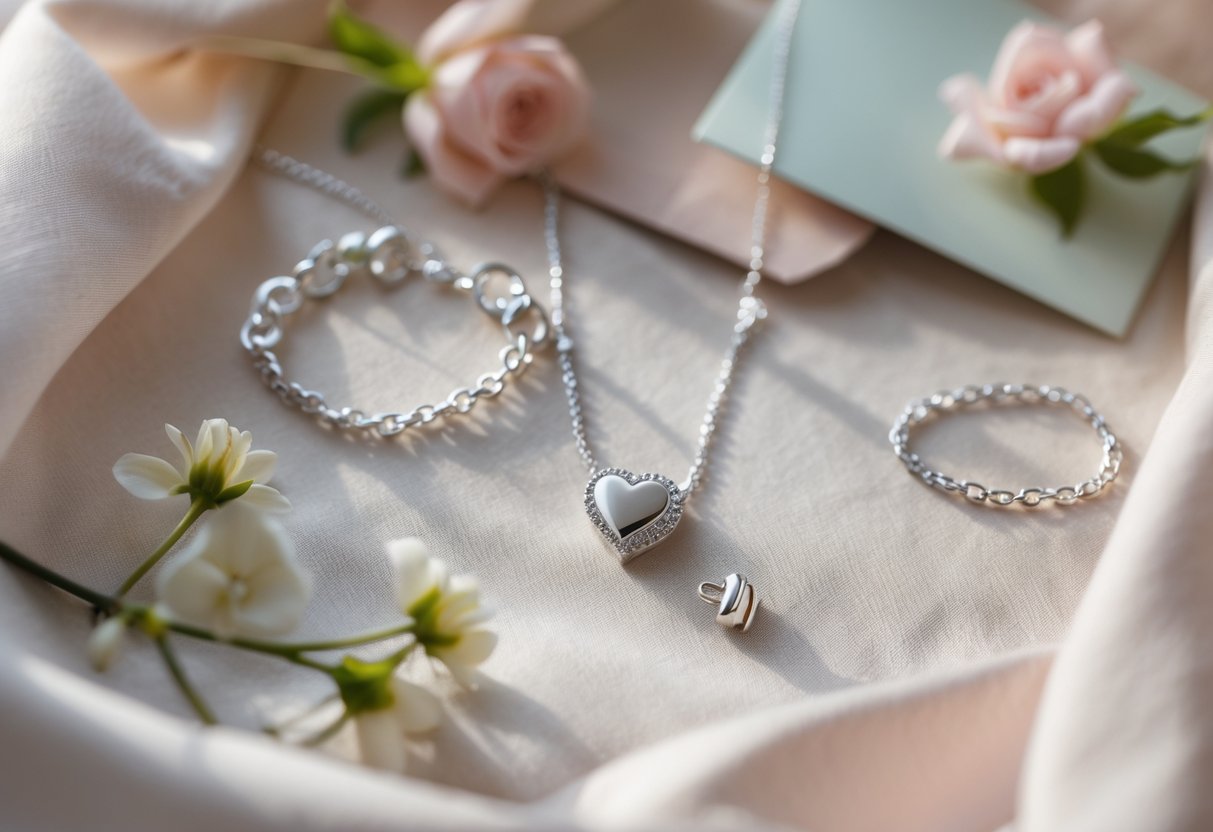 Close-up of a silver heart-shaped necklace and matching bracelet arranged with small flowers and a folded card on a soft fabric surface.