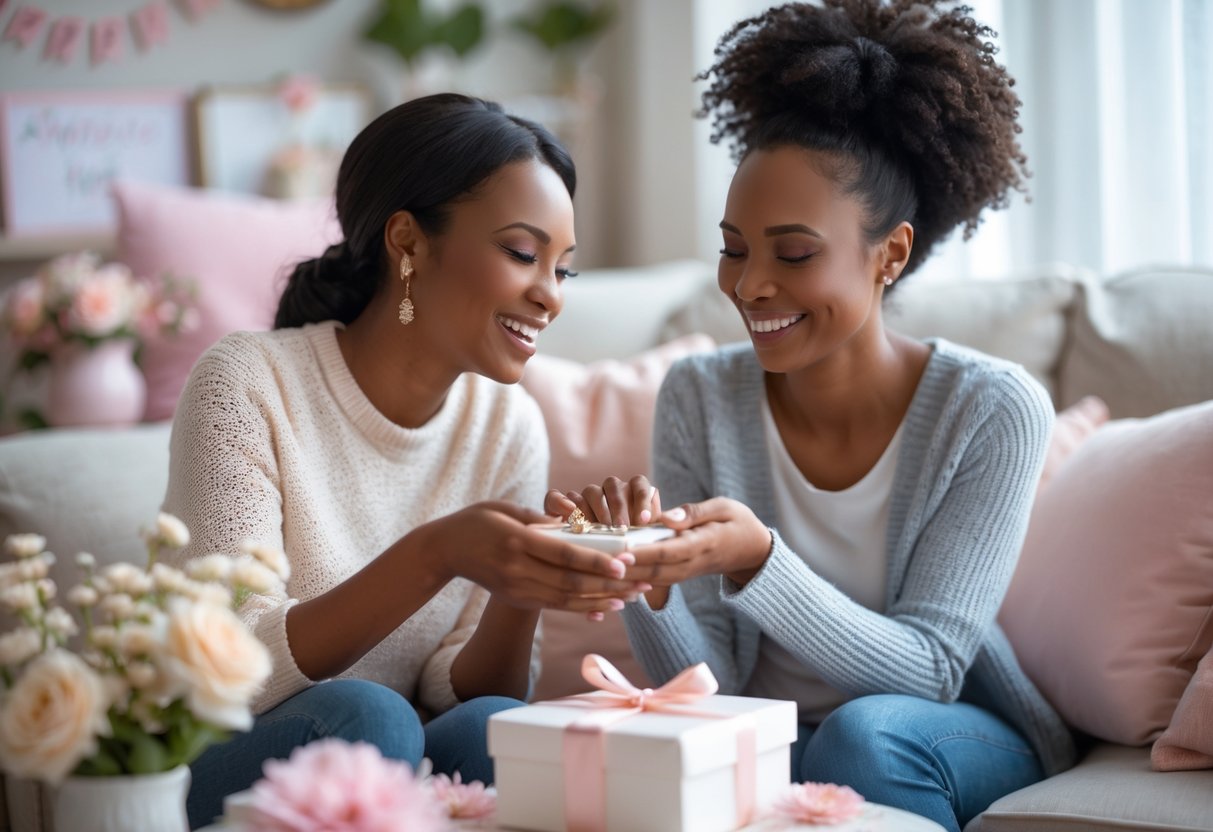 Two women sharing a happy moment as one gives the other a jewelry gift with a message card in a cozy living room setting.