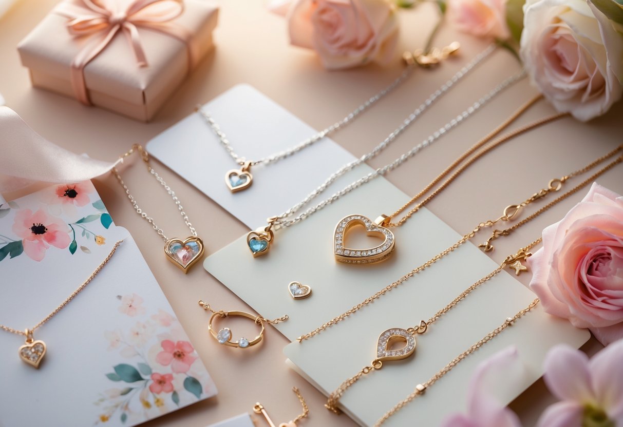 Close-up of jewelry pieces arranged with decorative message cards on a softly lit surface.