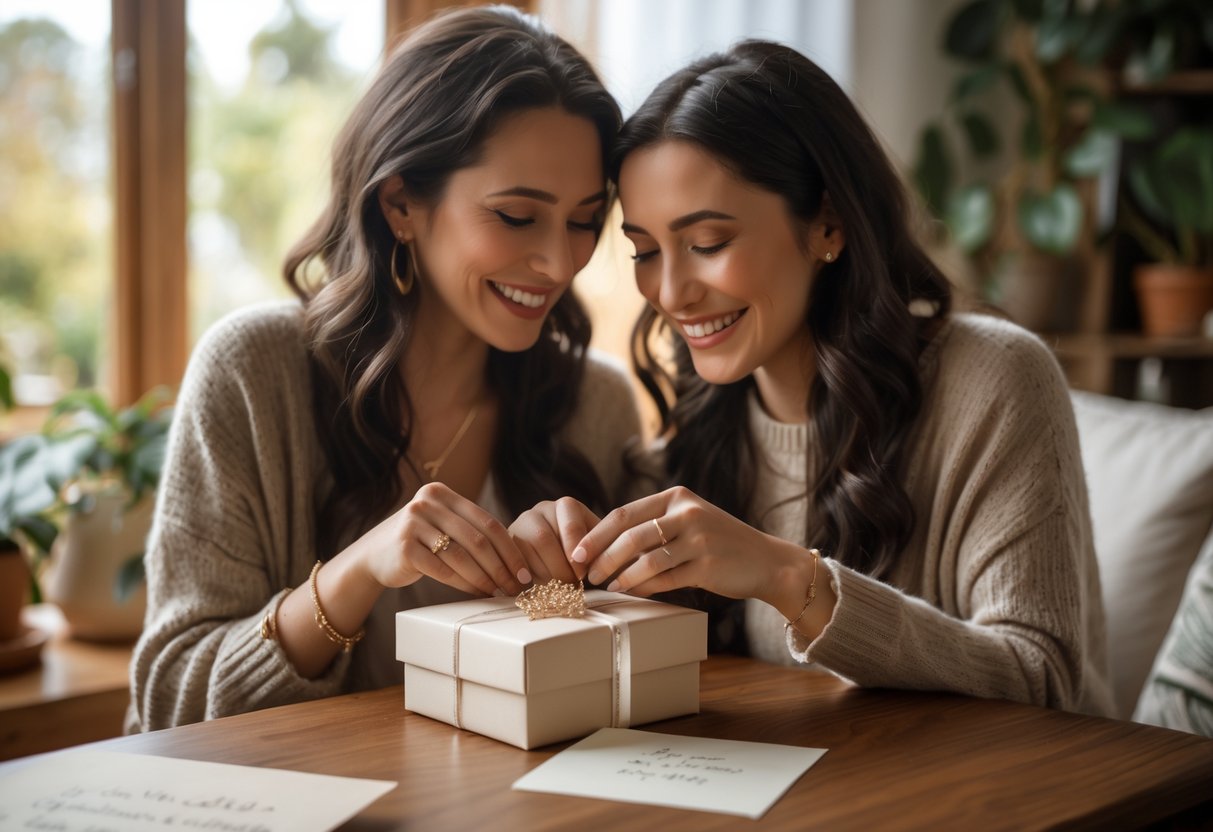 Two women sitting together at a table, one giving the other a jewelry gift with a message card, sharing a joyful and intimate moment.