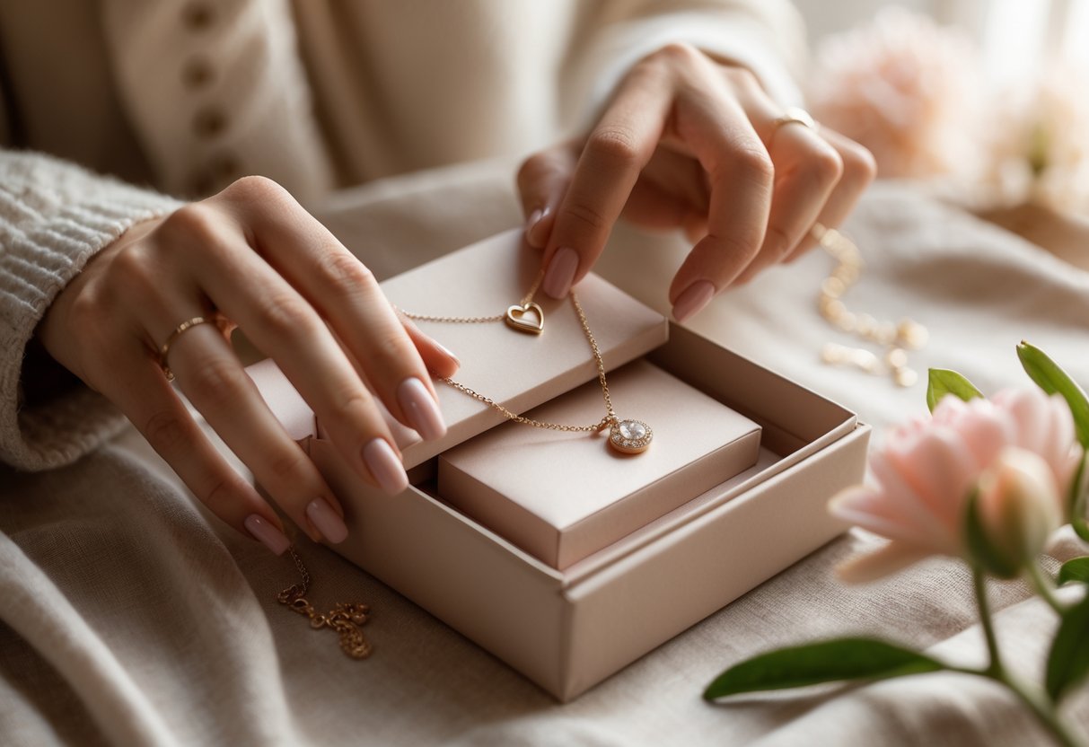 Hands opening a jewelry box revealing a necklace and a small message card on a soft surface with flowers nearby.