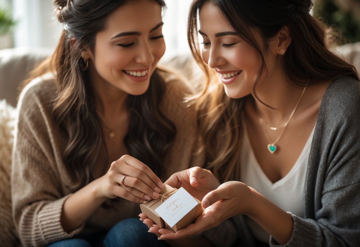 Two women sharing a warm moment as one gives the other a piece of jewelry with a small message card attached.