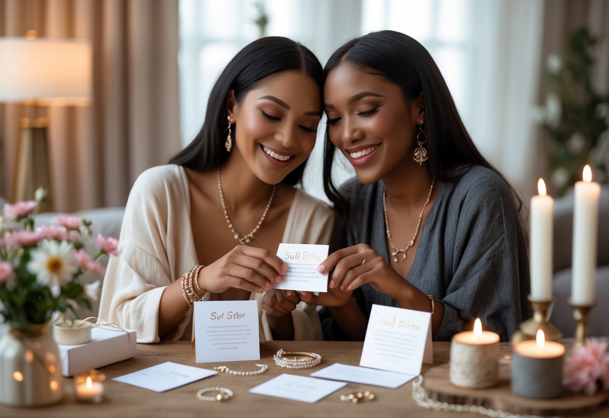 Two women smiling and exchanging jewelry gifts and message cards in a cozy setting, surrounded by flowers and candles.