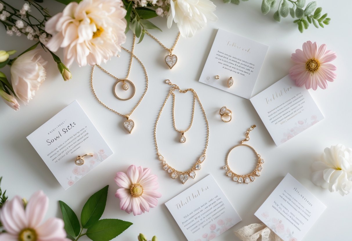A flat lay of elegant jewelry pieces with small message cards and pastel flowers arranged on a white surface.