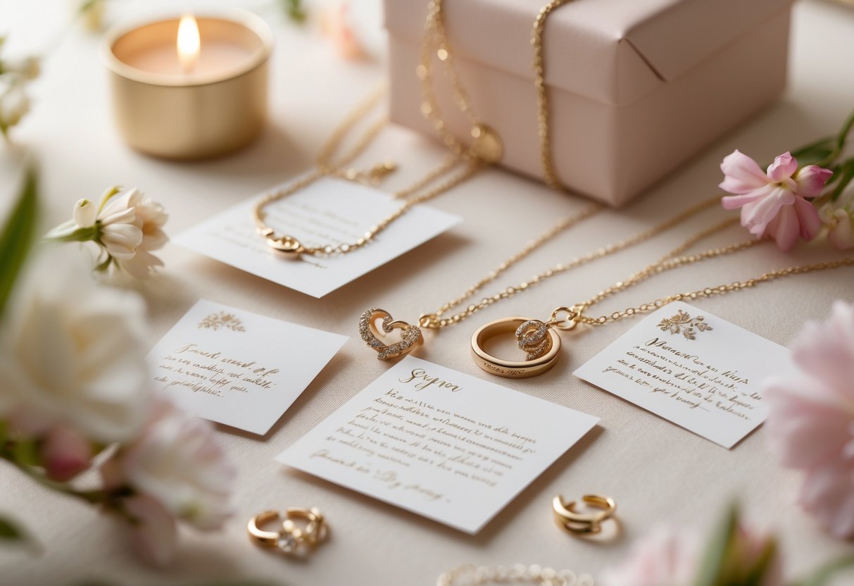 Close-up of jewelry and message cards arranged with a gift box and flowers on a softly lit surface.