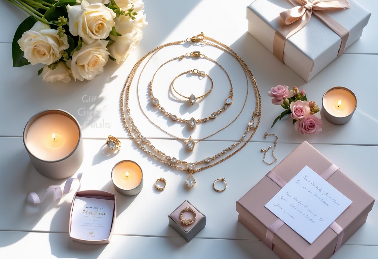 A flat lay of matching jewelry and gift items including necklaces, bracelets, rings, flowers, a handwritten note, and a gift box arranged on a white wooden surface.