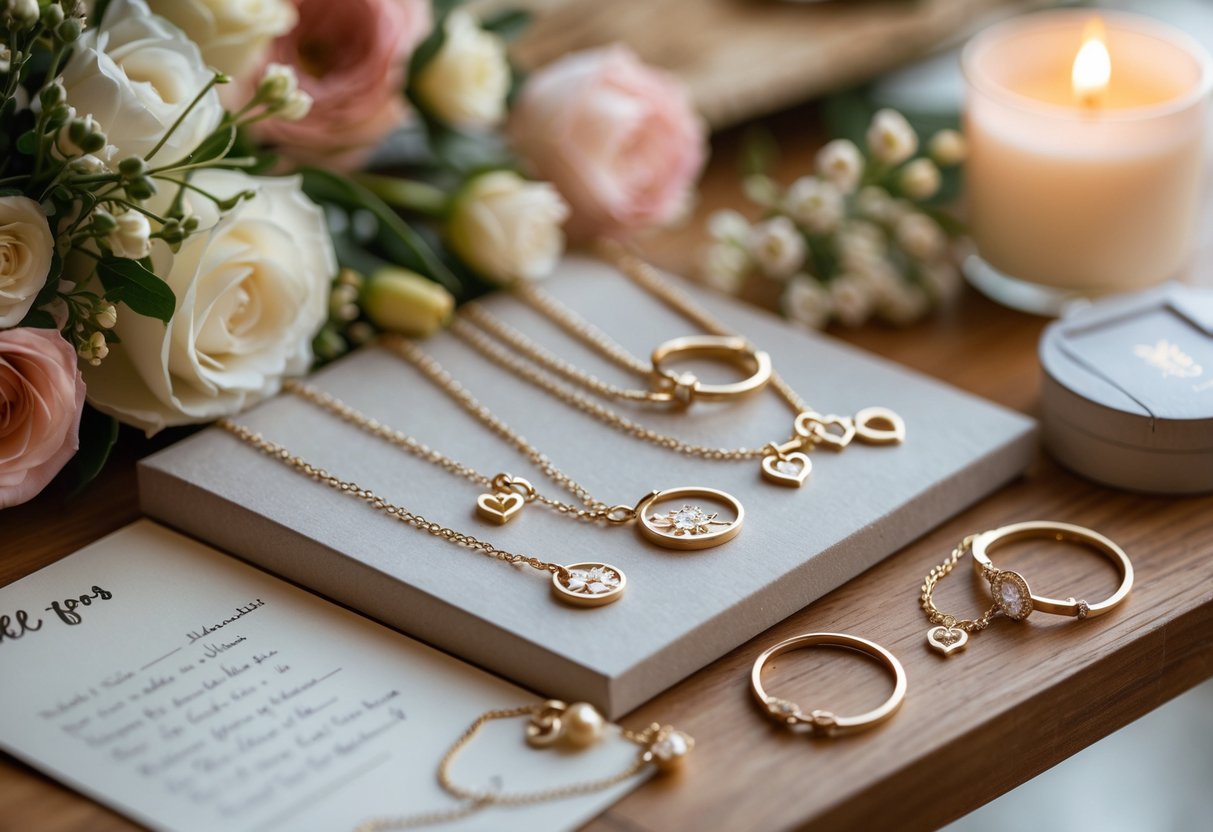 A close-up of elegant matching jewelry pieces displayed with a handwritten note, fresh flowers, and a candle on a wooden table.
