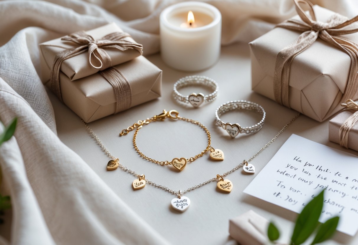 A close-up view of matching jewelry pieces and small gift items arranged on fabric.