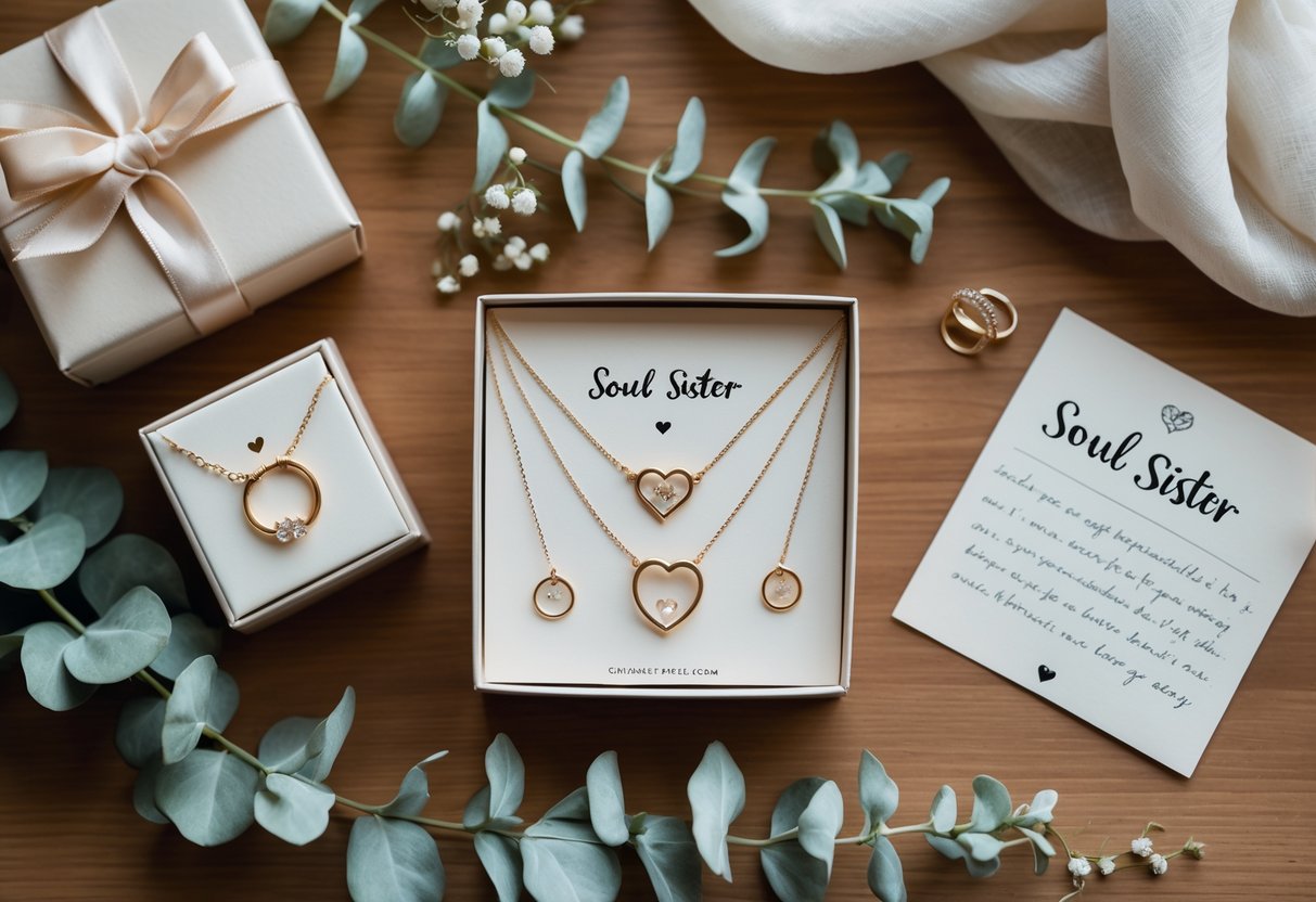 A flat lay of delicate jewelry pieces with a gift box, handwritten note, and floral accents on a wooden surface.