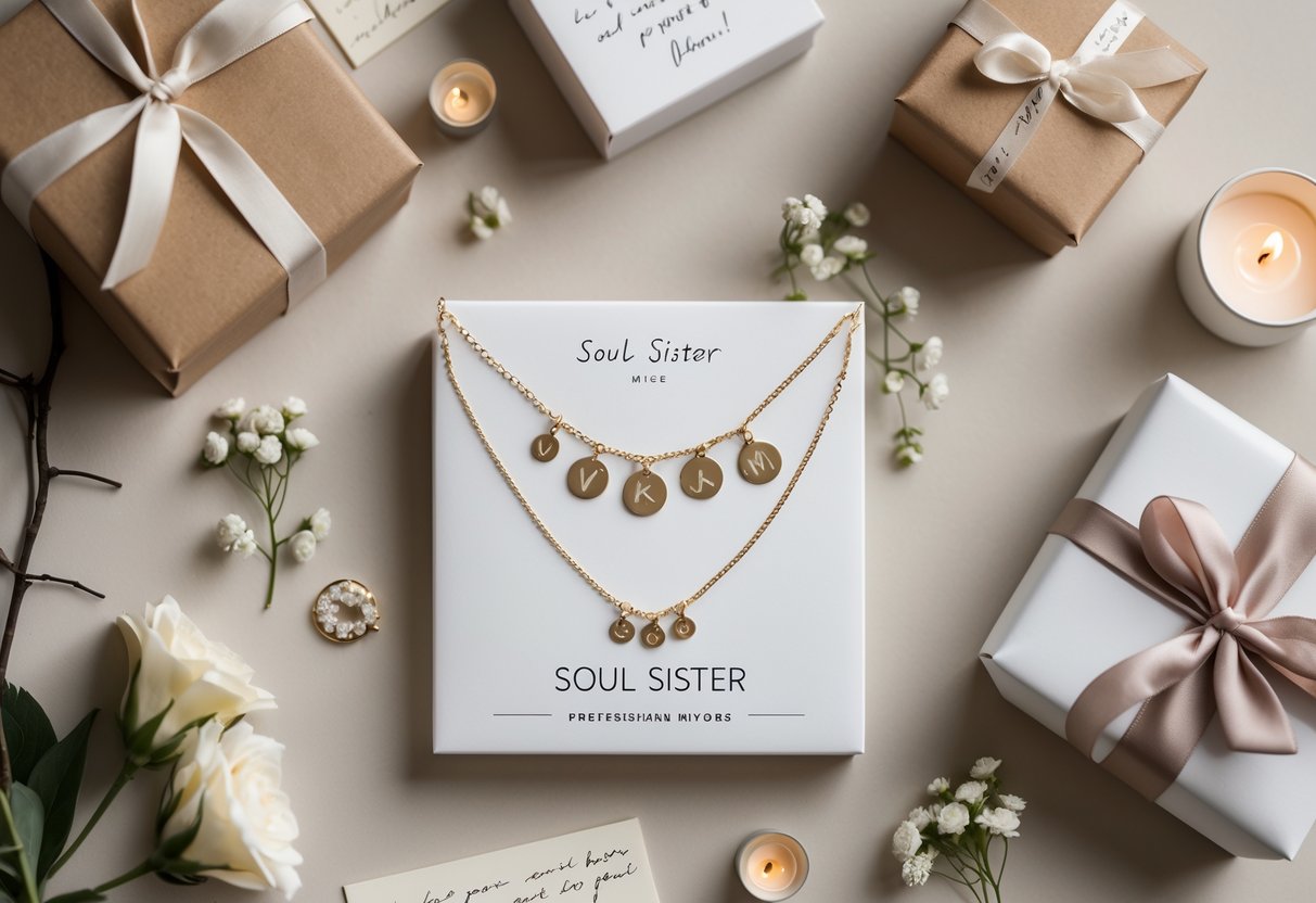 Flat lay of personalized soul sister jewelry and gift boxes arranged with flowers and candles on a soft background.