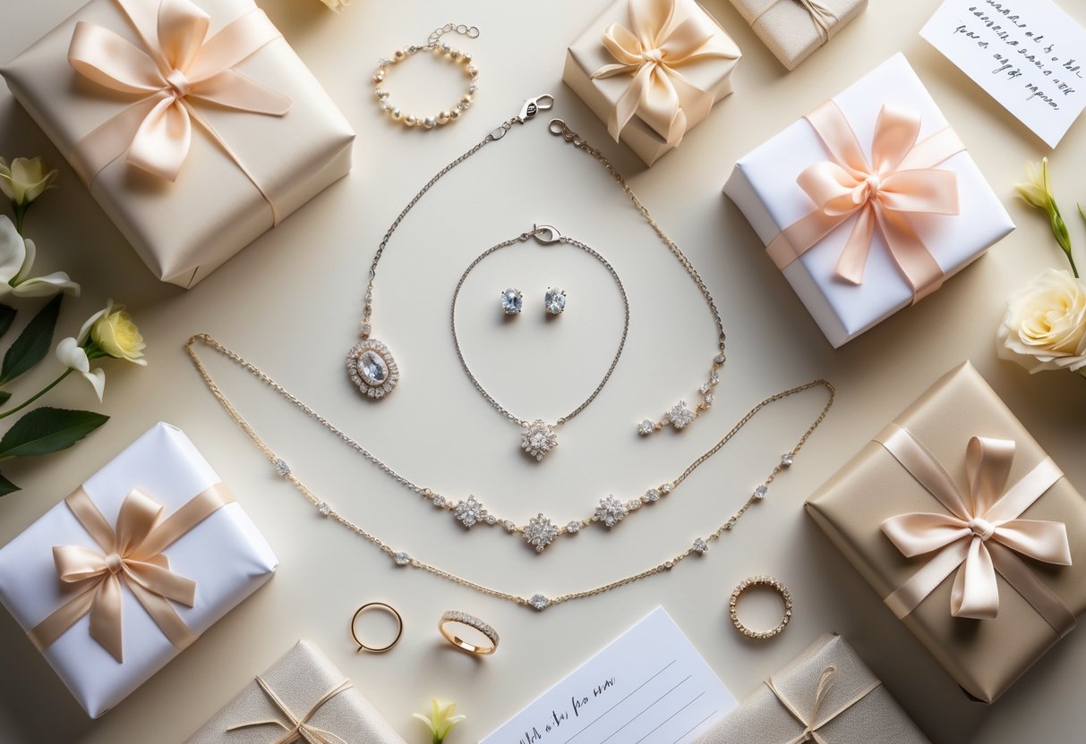 A flat lay of elegant jewelry pieces and wrapped gift boxes arranged with flowers and a shopping bag on a neutral background.