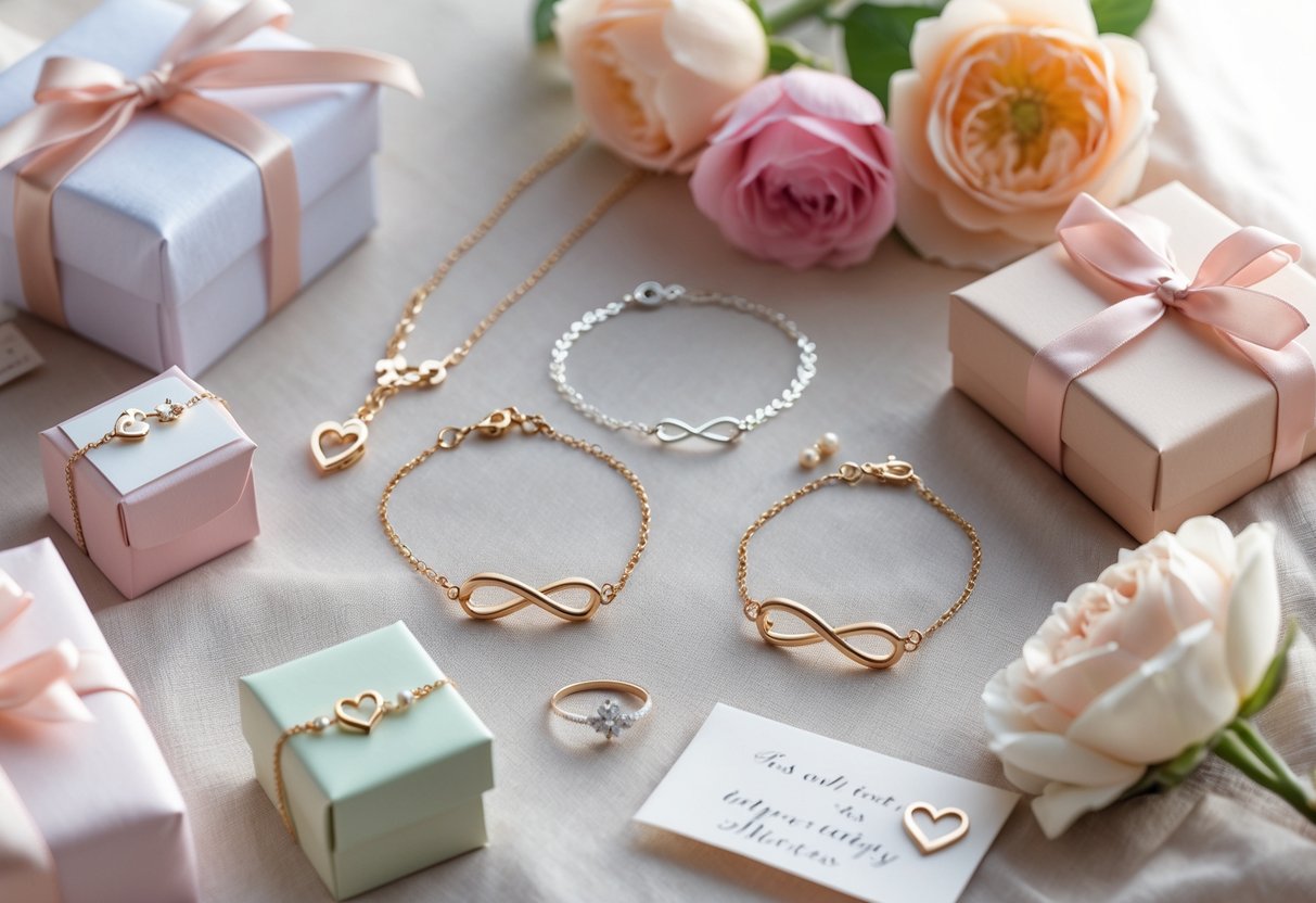 A flat lay of matching jewelry and gift items arranged on fabric with flowers and small gift boxes.