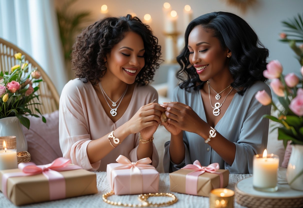 Two women exchanging gifts and wearing matching empowering jewelry, smiling warmly in a cozy setting.