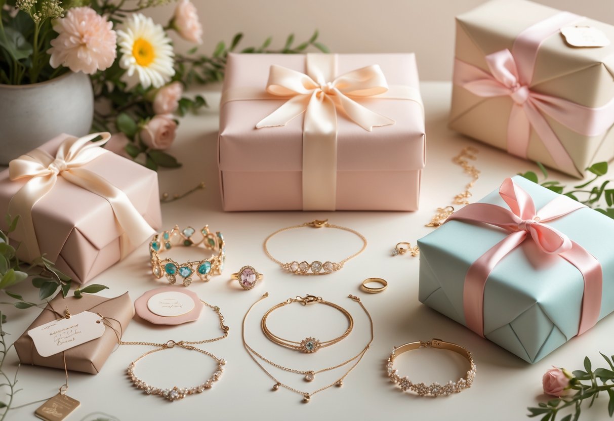 A collection of elegant jewelry and beautifully wrapped gift boxes arranged with flowers and greenery on a soft neutral background.