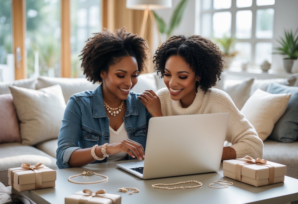 Two women sitting together at a table, smiling and looking at a laptop with jewelry and gift boxes around them.
