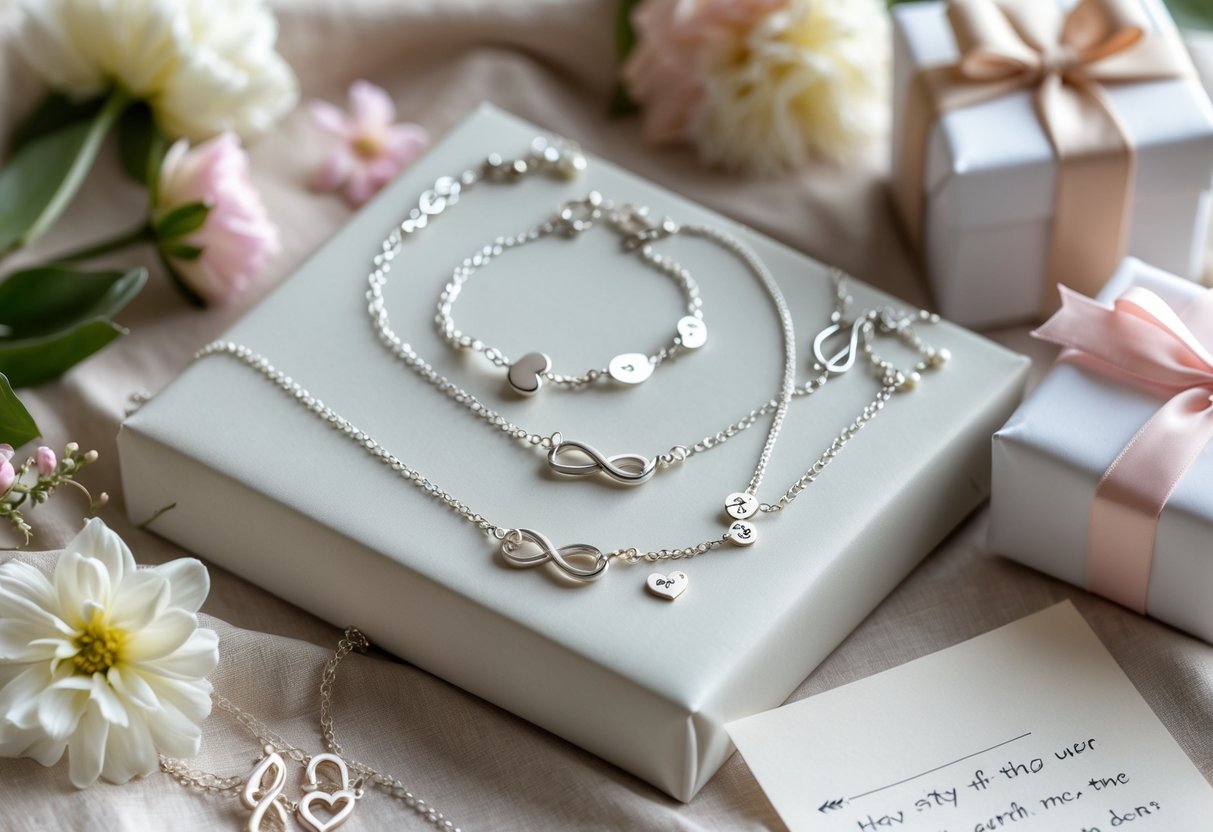 A flat lay of matching silver jewelry, wrapped gift boxes, a handwritten note, and flowers arranged on a soft fabric background.