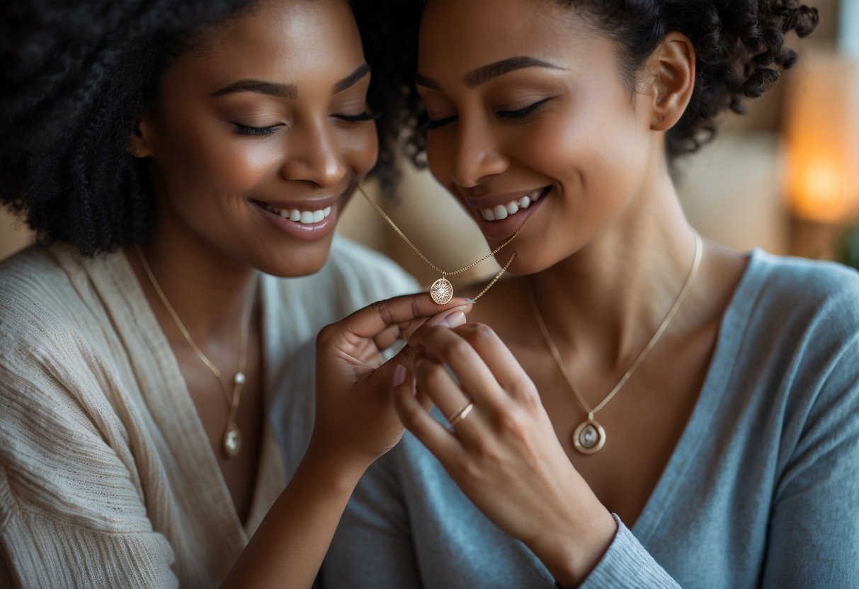 Two women sharing a warm moment as one places a delicate necklace on the other, symbolizing close friendship.
