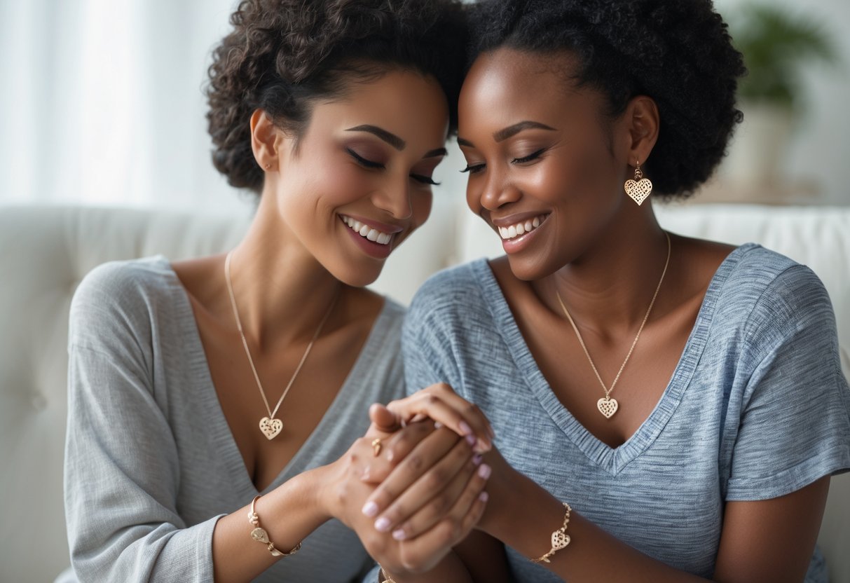 Two women sitting close together, smiling and holding hands, each wearing matching message jewelry.
