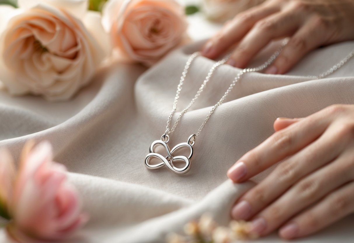 Two matching silver necklaces with heart-shaped pendants placed on soft fabric, surrounded by flowers and two hands reaching towards each other.