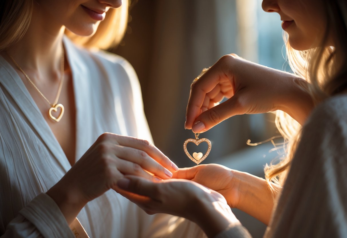 Two women exchanging a delicate necklace, showing a moment of emotional connection and affection.