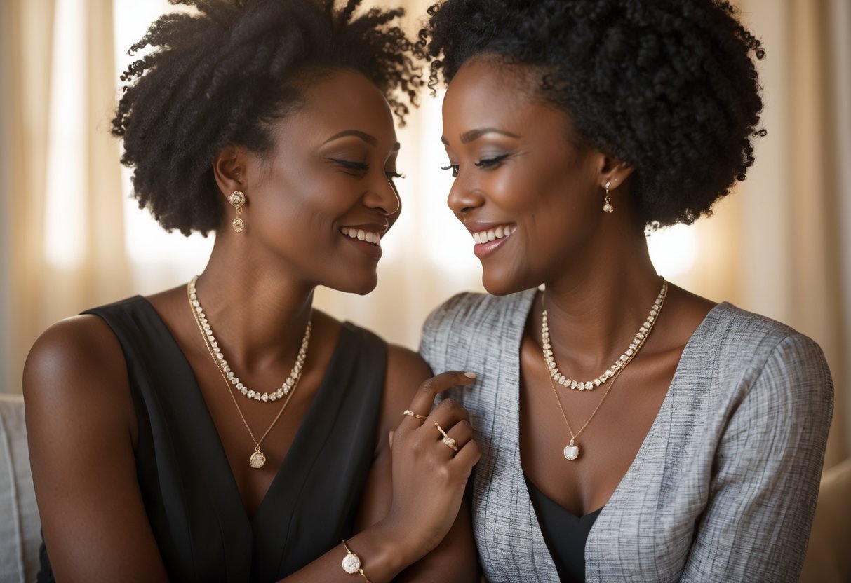 Two women smiling at each other, wearing matching jewelry that symbolizes their close friendship.