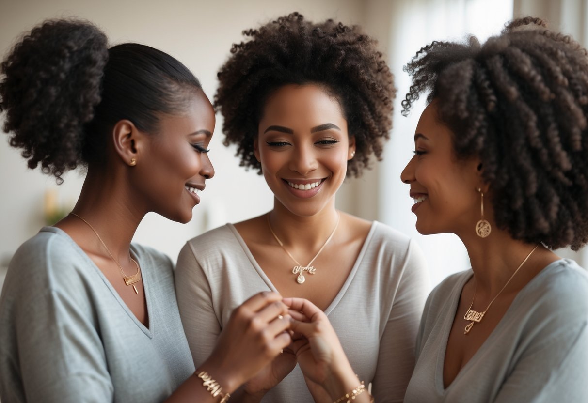 Two women sharing a warm moment while wearing matching personalized necklaces and bracelets.