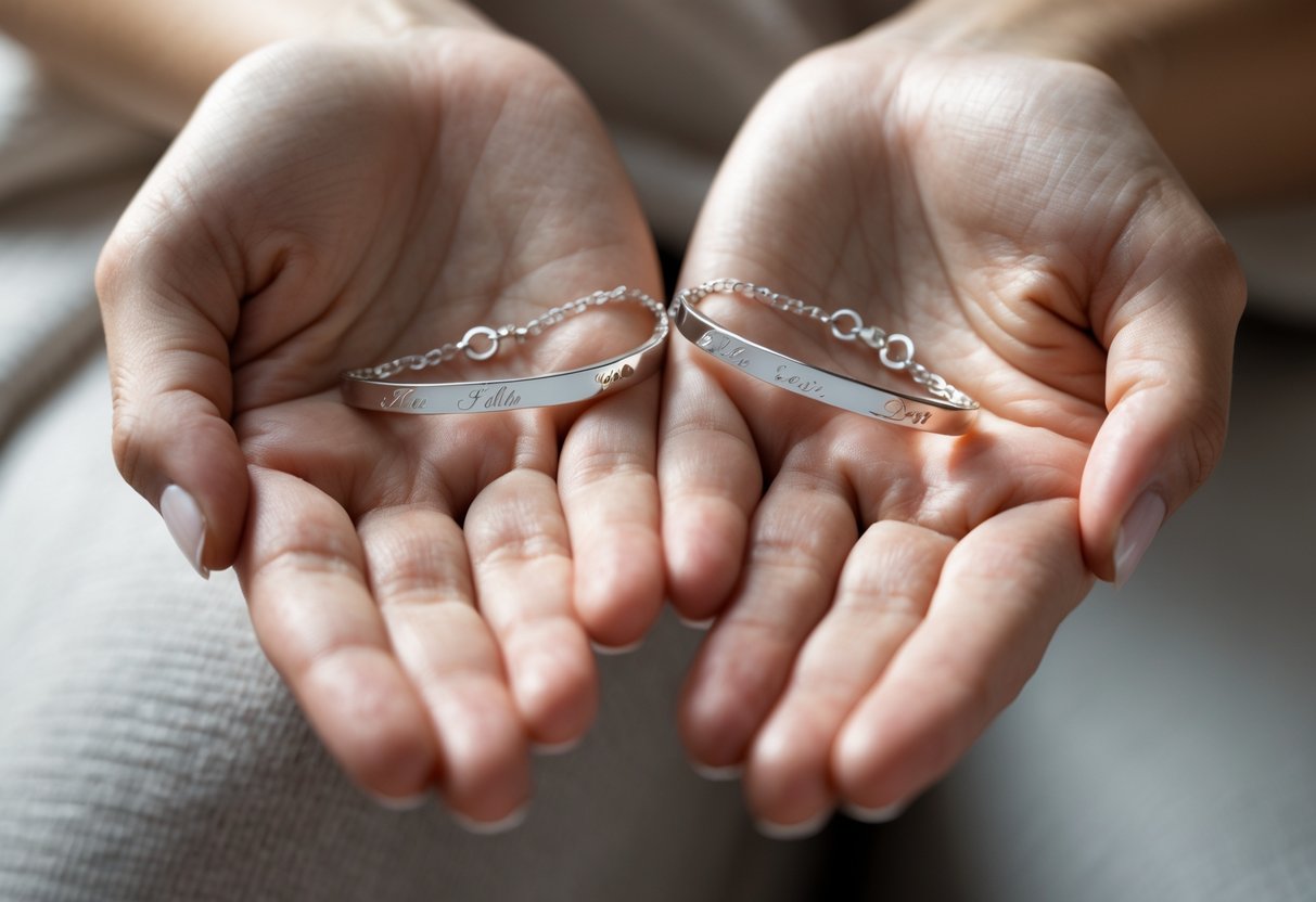 Two women’s hands gently holding matching delicate silver message jewelry bracelets, symbolizing a close emotional bond.