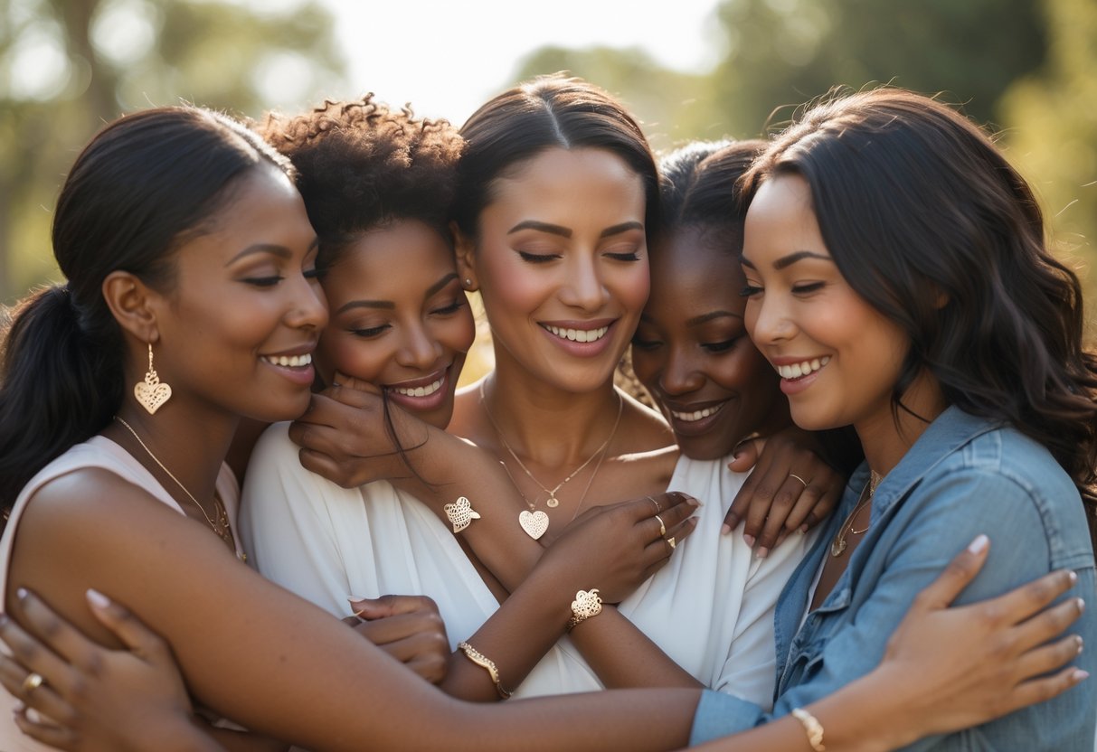 A diverse group of women smiling and embracing each other outdoors, wearing delicate jewelry that symbolizes sisterhood.