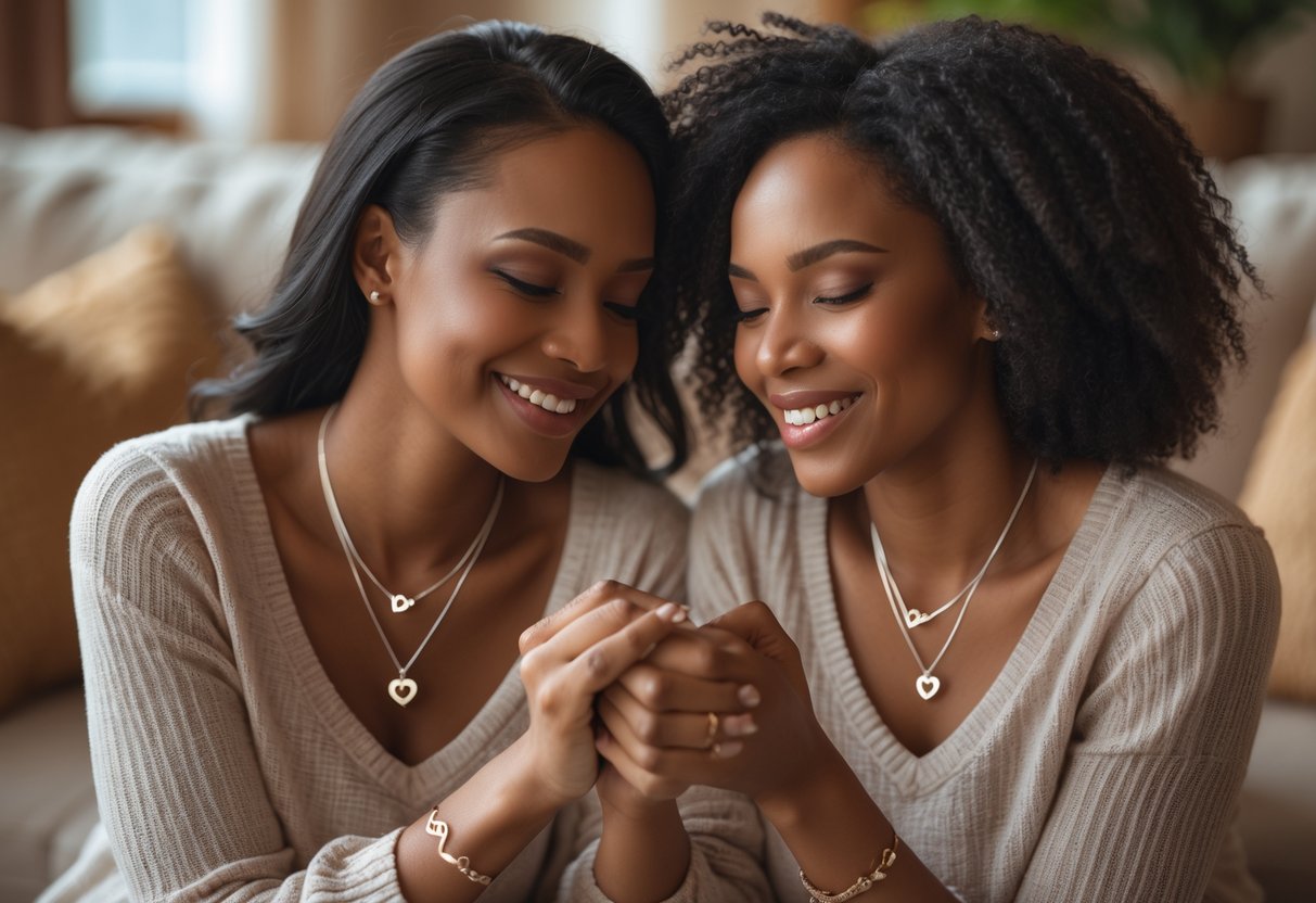 Two women sitting close together, smiling and holding hands while wearing matching soul sister jewelry, showing a strong emotional connection.