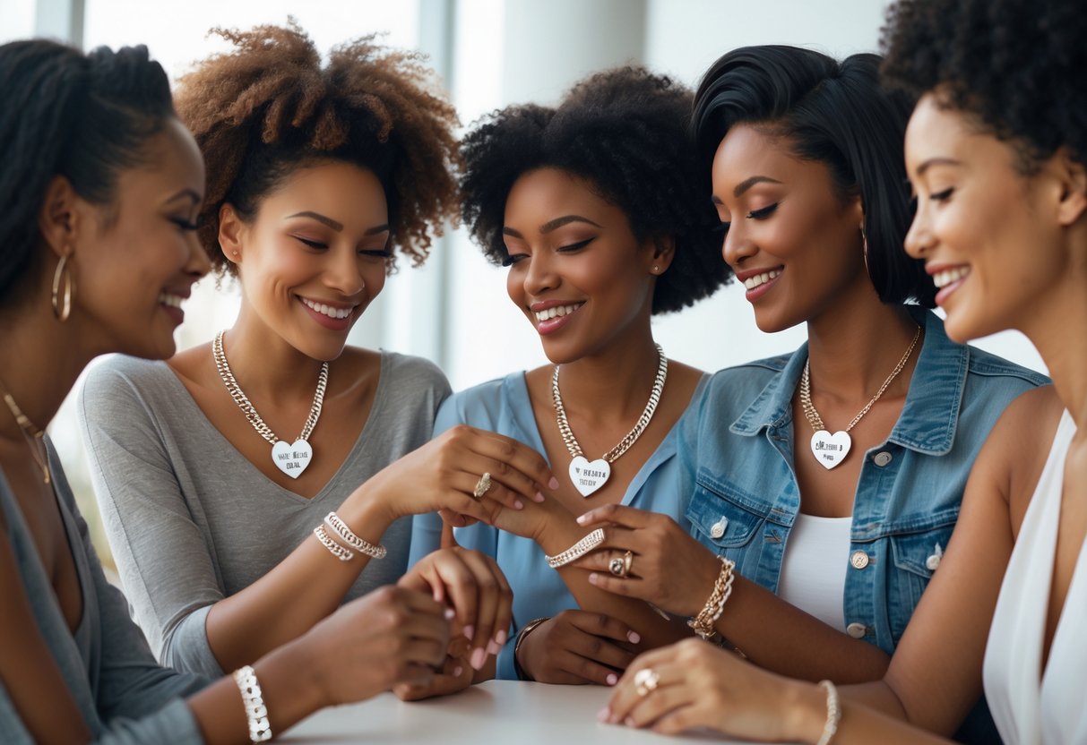 A group of women smiling and wearing matching sentimental jewelry while interacting closely.
